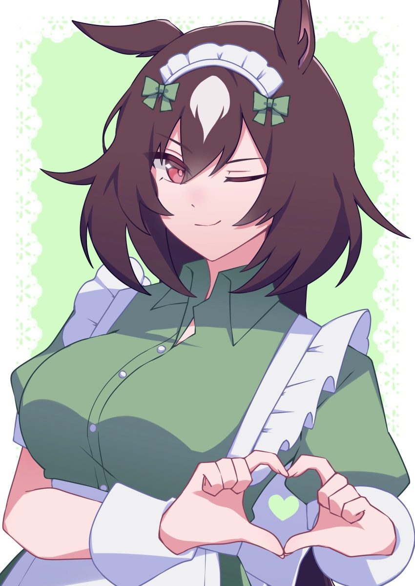 1girl, absurdres, alternate_costume, animal_ears, blush, border, brown_hair, closed_mouth