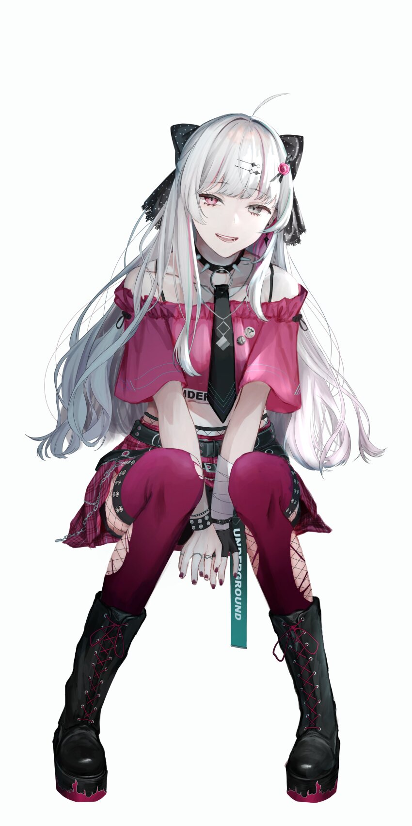 1girl, absurdres, ahoge, amamiya_(1201hlx), belt, black_belt, black_boots, black_bow, black_gloves, black_necktie, boots, bow, fingerless_gloves, fishnet_pantyhose, fishnets, gloves, grey_eyes, grey_hair, hair_bow, heterochromia, highres, ishigami_nozomi, ishigami_nozomi_(1st_costume), lace-up_boots, long_hair, necktie, nijisanji, off_shoulder, open_mouth, pantyhose, pink_eyes, plaid_clothes, plaid_skirt, red_nails, red_shirt, red_skirt, red_thighhighs, shirt, single_glove, sitting, skirt, smile, solo, thighhighs, torn_clothes, torn_thighhighs, virtual_youtuber, white_background