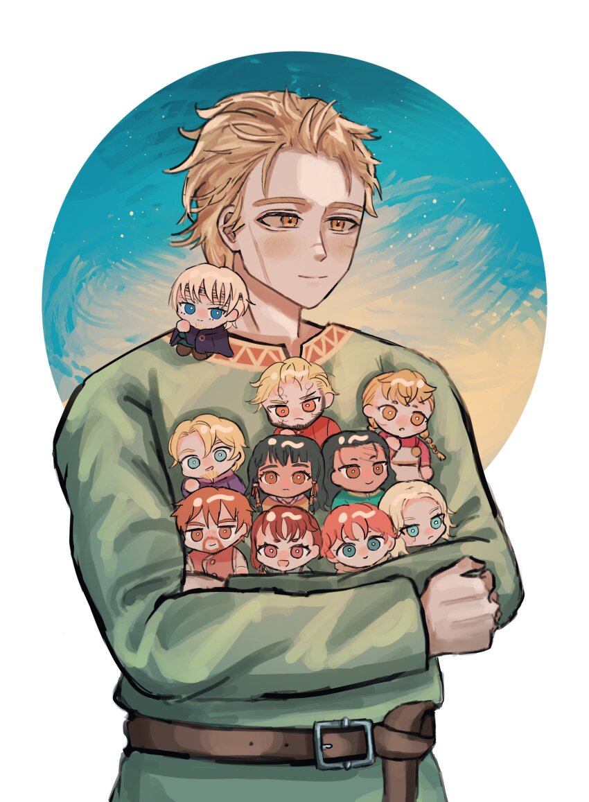 3girls, 6+boys, absurdres, apron, beard, belt, black_hair, blonde_hair