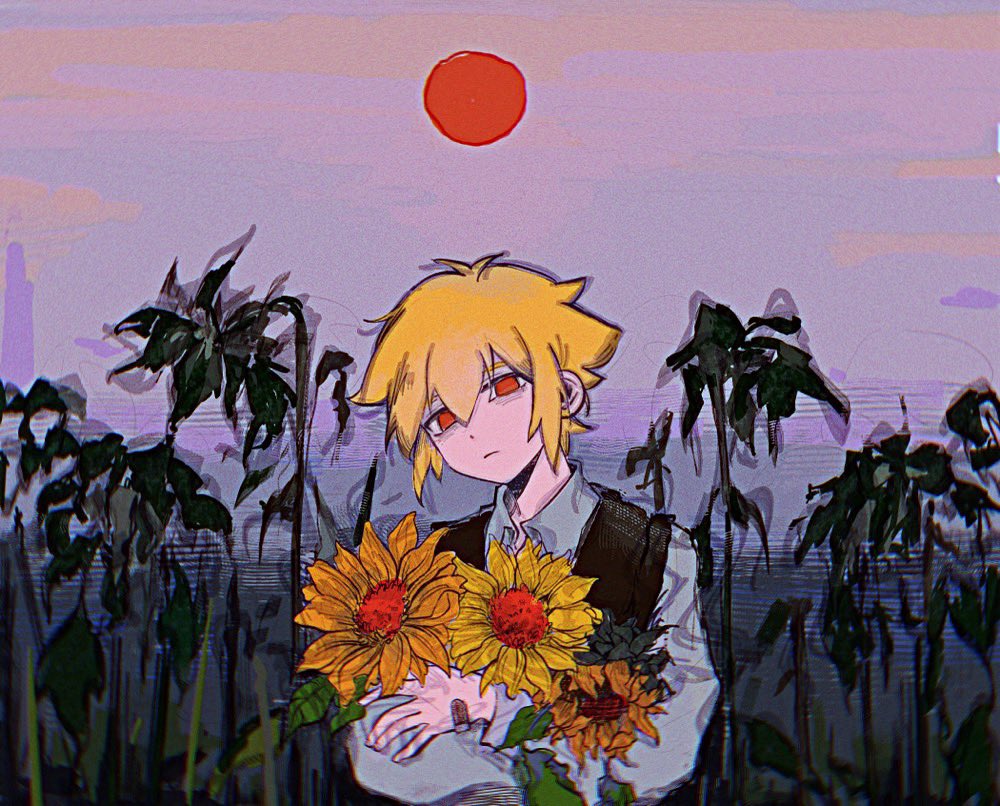 1boy, alternate_costume, alternate_eye_color, bandaid, bandaid_on_hand, basil_(faraway)_(omori), basil_(omori), black_sweater_vest