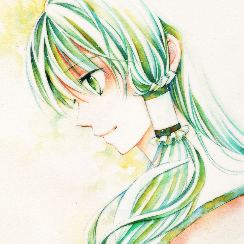 1girl, bad_id, bad_pixiv_id, close-up, female_focus, gradient_background, green_eyes, green_hair