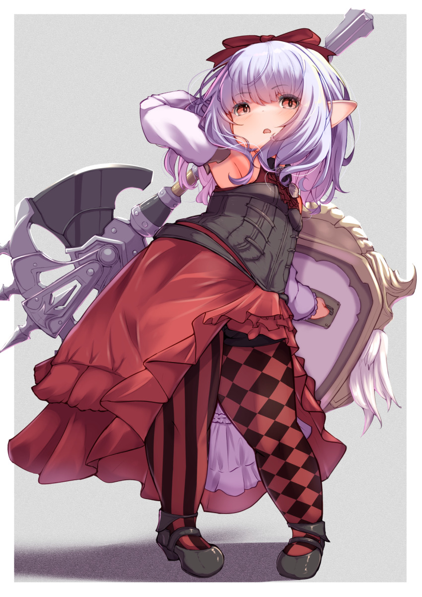 1girl, argyle_clothes, argyle_pantyhose, armpits, asymmetrical_legwear, axe, bare_shoulders, black_shoes