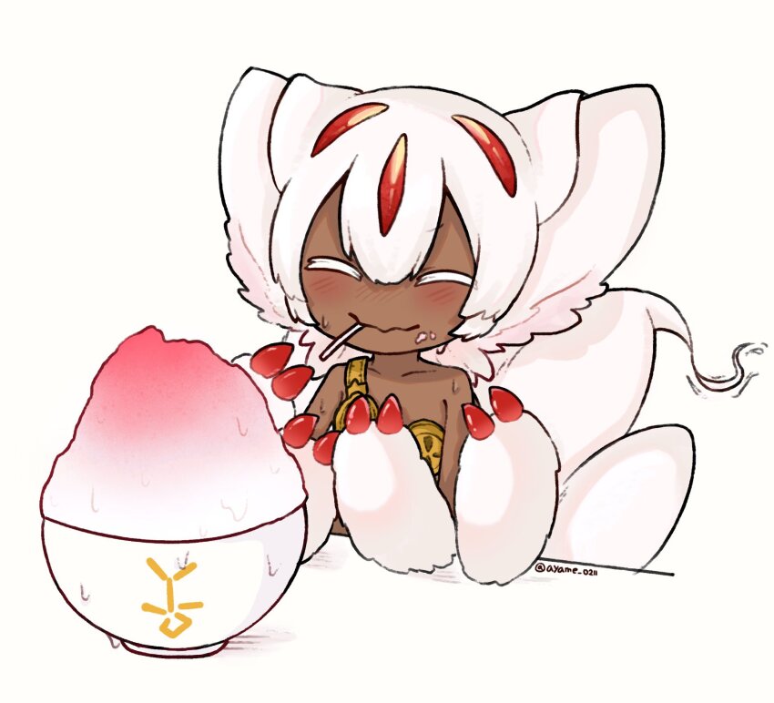 1girl, animal_ears, ayame_0211, bare_shoulders, blush, bowl, claws, closed_eyes, closed_mouth, commentary_request, dark-skinned_female, dark_skin, eating, extra_arms, faputa, fewer_digits, food, food_on_face, goggles, goggles_around_breasts, hands_up, highres, made_in_abyss, medium_hair, mouth_hold, multiple_tails, shaved_ice, simple_background, smile, solo, stick_figure, tail, twitter_username, wavy_mouth, white_background, white_fur, white_hair