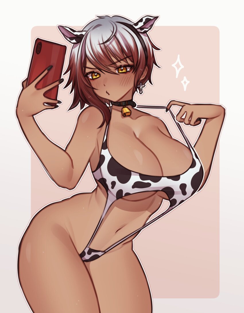1girl, absurdres, ahoge, animal_ears, animal_print, bell, breasts, brown_hair, choker, cow_ears, cow_print, cowboy_shot, cross, cross_earrings, earrings, fake_animal_ears, grey_hair, hair_between_eyes, highres, holding, holding_phone, indie_virtual_youtuber, jewelry, large_breasts, navel, neck_bell, noto_hams, one-piece_swimsuit, phone, savii_(vtuber), short_hair, solo, swimsuit, tan, virtual_youtuber, yellow_eyes