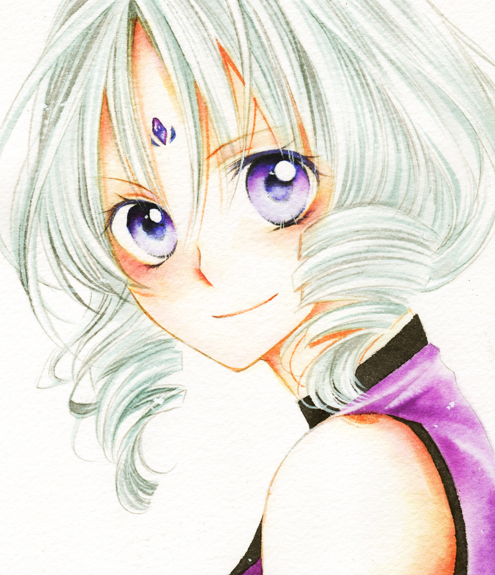 1girl, bad_id, bad_pixiv_id, character_request, close-up, curly_hair, facial_mark, female_focus, forehead_mark, gradient_background, kanae_(aab), maimai_(sakura_hime_kaden), painting_(medium), sakura_hime_kaden, silver_hair, solo, traditional_media, watercolor_(medium), white_background