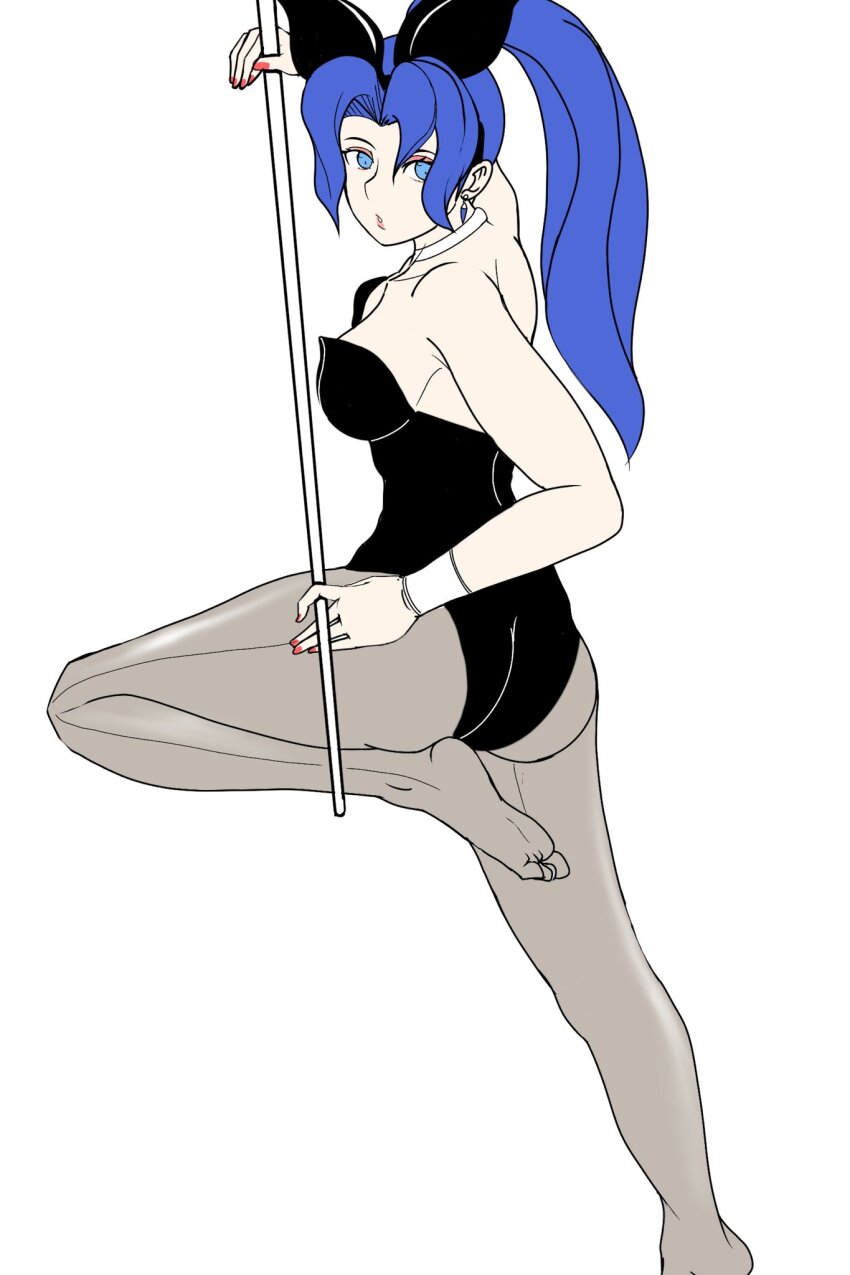 1girl, animal_ears, ass, bare_shoulders, black_leotard, blue_eyes, breasts, choker