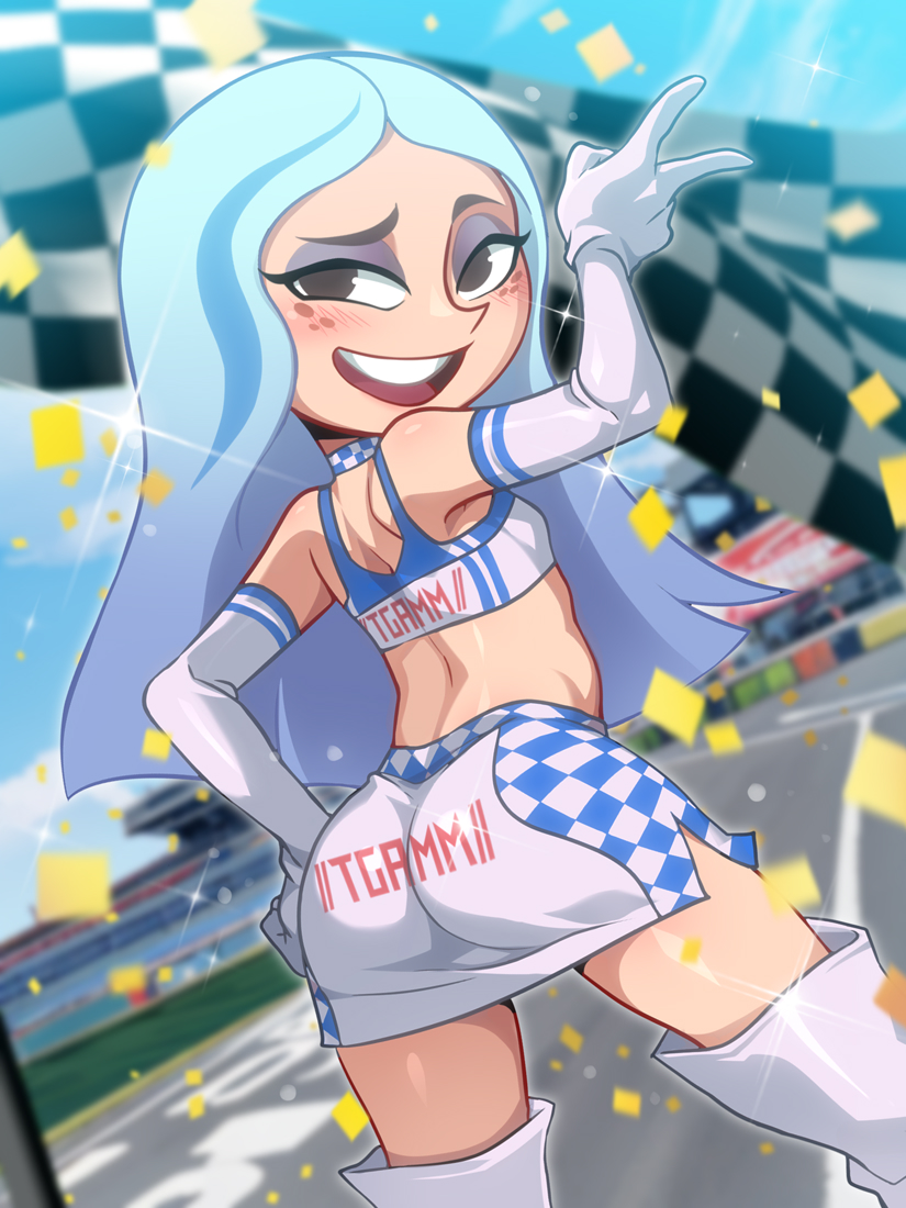 1girl, andrea_davenport, ass, blue_hair, boots, brown_eyes, checkered_clothes, checkered_flag, confetti, cowboy_shot, elbow_gloves, eyeshadow, female_focus, flag, from_behind, gloves, hand_on_own_hip, jcm2, light_blue_hair, light_blush, loli, long_hair, looking_at_viewer, looking_back, makeup, midriff, miniskirt, multicolored_hair, open_mouth, outdoors, race_queen, racetrack, skirt, smile, solo, standing, streaked_hair, teeth, the_ghost_and_molly_mcgee, thigh_boots, upper_teeth_only, v, white_boots, white_gloves