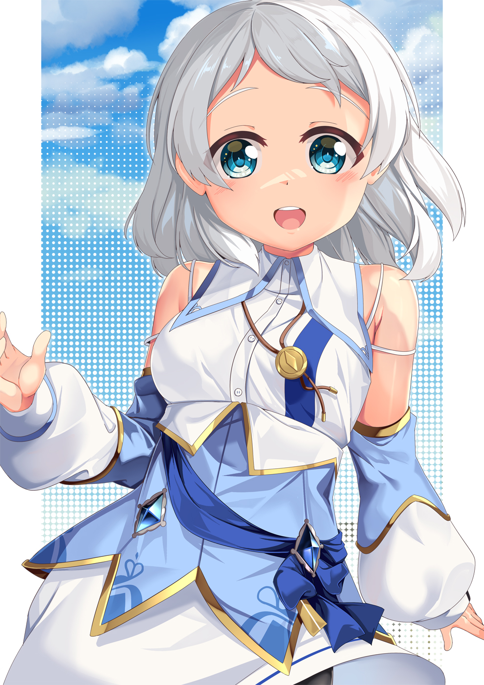 1girl, bare_shoulders, blue_sky, blush, cloud, commentary_request, cosplay, cowboy_shot