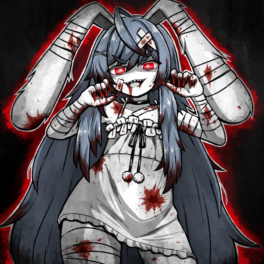 1girl, ahoge, animal_ears, aura, bandages, black_background, black_choker, black_ribbon, blood, blood_from_mouth, blood_in_hair, blood_on_arm, blood_on_clothes, blood_on_face, blood_on_hands, blood_stain, bloody_bandages, blue_hair, choker, claw_pose, cowboy_shot, dress, fingernails, frilled_dress, frills, glowing, glowing_eyes, hair_between_eyes, hair_ornament, highres, indie_virtual_youtuber, ink_(inksgirls), light_blue_hair, lop_rabbit_ears, para_(1st_costume)_(vtuber), para_(vtuber), pom_pom_(clothes), rabbit_ears, red_eyes, red_nails, ribbon, sharp_fingernails, sharp_teeth, short_dress, spaghetti_strap, teeth, tsurime, virtual_youtuber, white_dress, x_hair_ornament