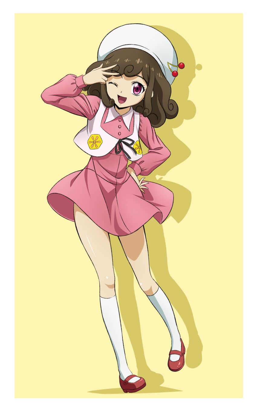 1girl, absurdres, atachi_manya, brown_hair, cherry_hat_ornament, collared_dress, dress, hand_on_own_hip, hat, highres, hiroki_(vvkagerouvvr2), kneehighs, long_hair, looking_at_viewer, mary_janes, one_eye_closed, open_mouth, pink_dress, purple_eyes, shoes, short_dress, smile, socks, white_headwear, white_socks, yu-gi-oh!, yu-gi-oh!_go_rush!!