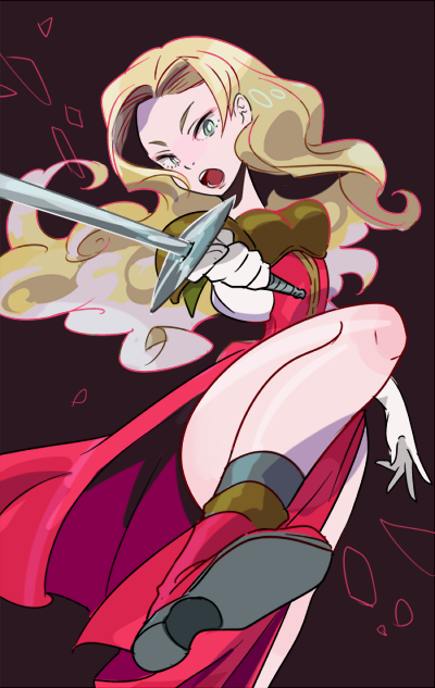 1girl, armor, blonde_hair, breasts, brown_eyes, curly_hair, dress, gensou_suikoden