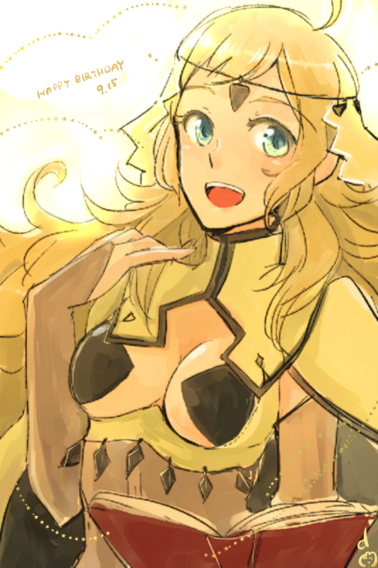 1girl, ahoge, blonde_hair, blue_eyes, book, breasts, circlet, cleavage