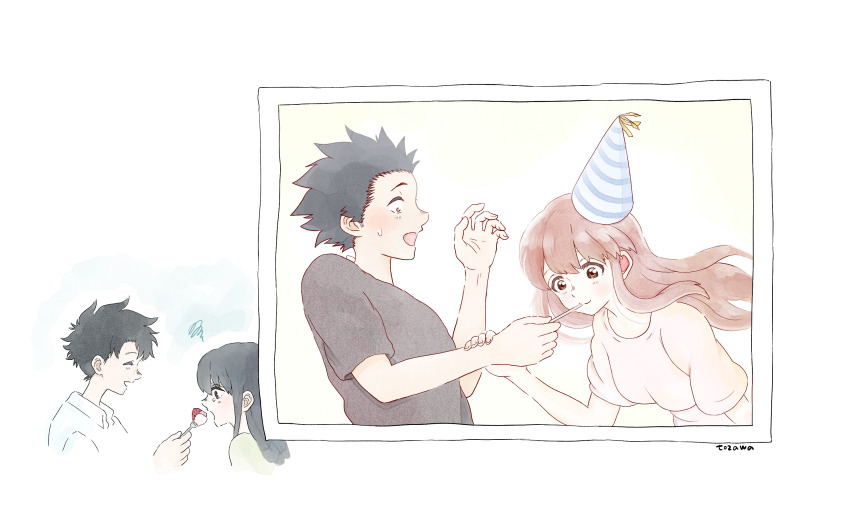 1boy, 3girls, black_eyes, black_hair, black_shirt, brown_eyes, brown_hair, closed_eyes