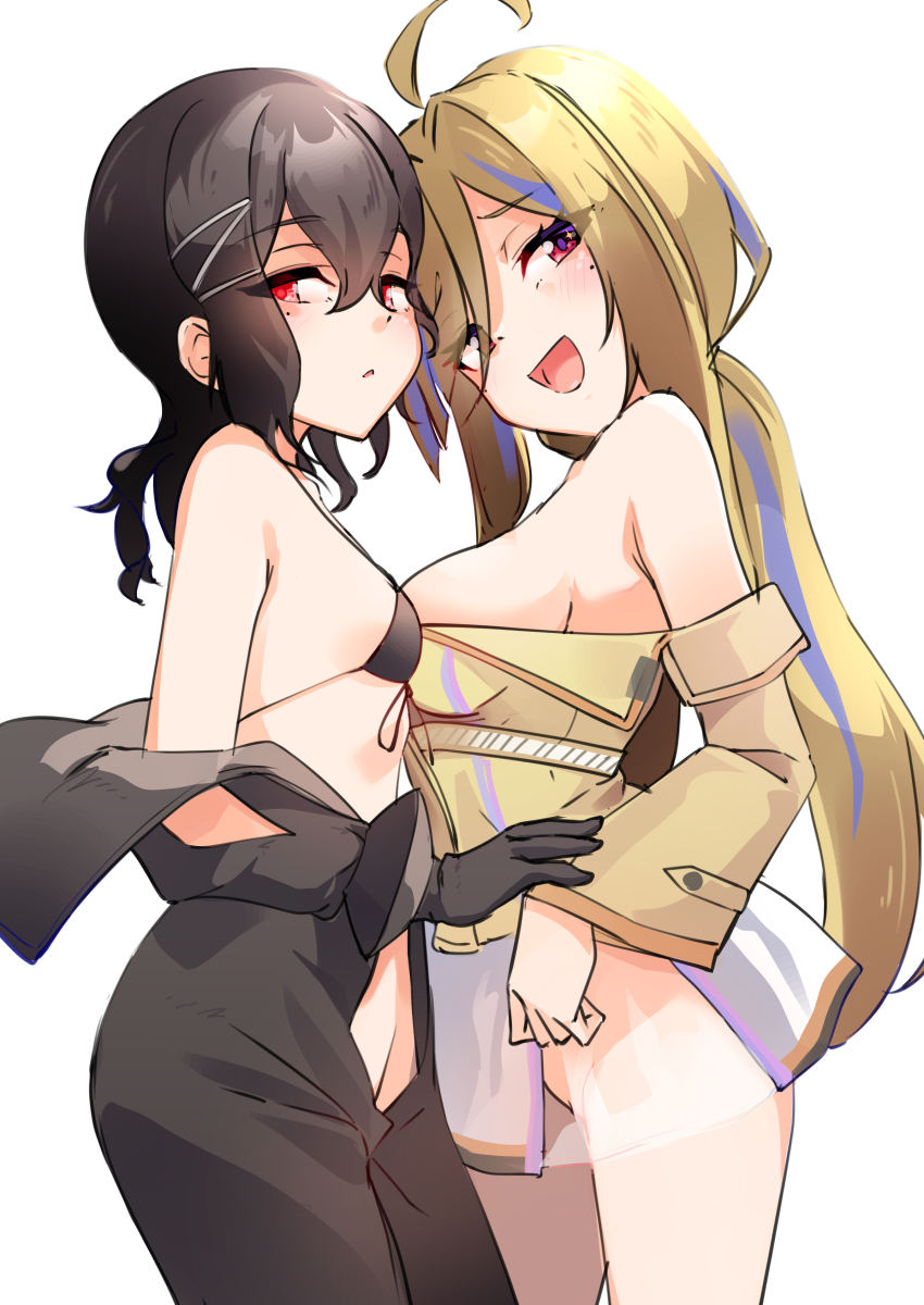2girls, absurdres, ahoge, asymmetrical_docking, bare_shoulders, bikini, bikini_top_only, black_bikini, black_gloves, blonde_hair, blue_hair, breast_press, breasts, brown_hair, commentary_request, cowboy_shot, from_side, girls'_frontline, girls'_frontline_neural_cloud, gloves, hair_between_eyes, hair_ornament, hatsuchiri_(neural_cloud), highres, jacket, large_breasts, long_hair, looking_at_viewer, millau_(neural_cloud), mole, mole_under_eye, multicolored_hair, multiple_girls, no_panties, off_shoulder, open_mouth, red_eyes, simple_background, skirt, small_breasts, smile, streaked_hair, swimsuit, very_long_hair, white_background, y_kimisaki