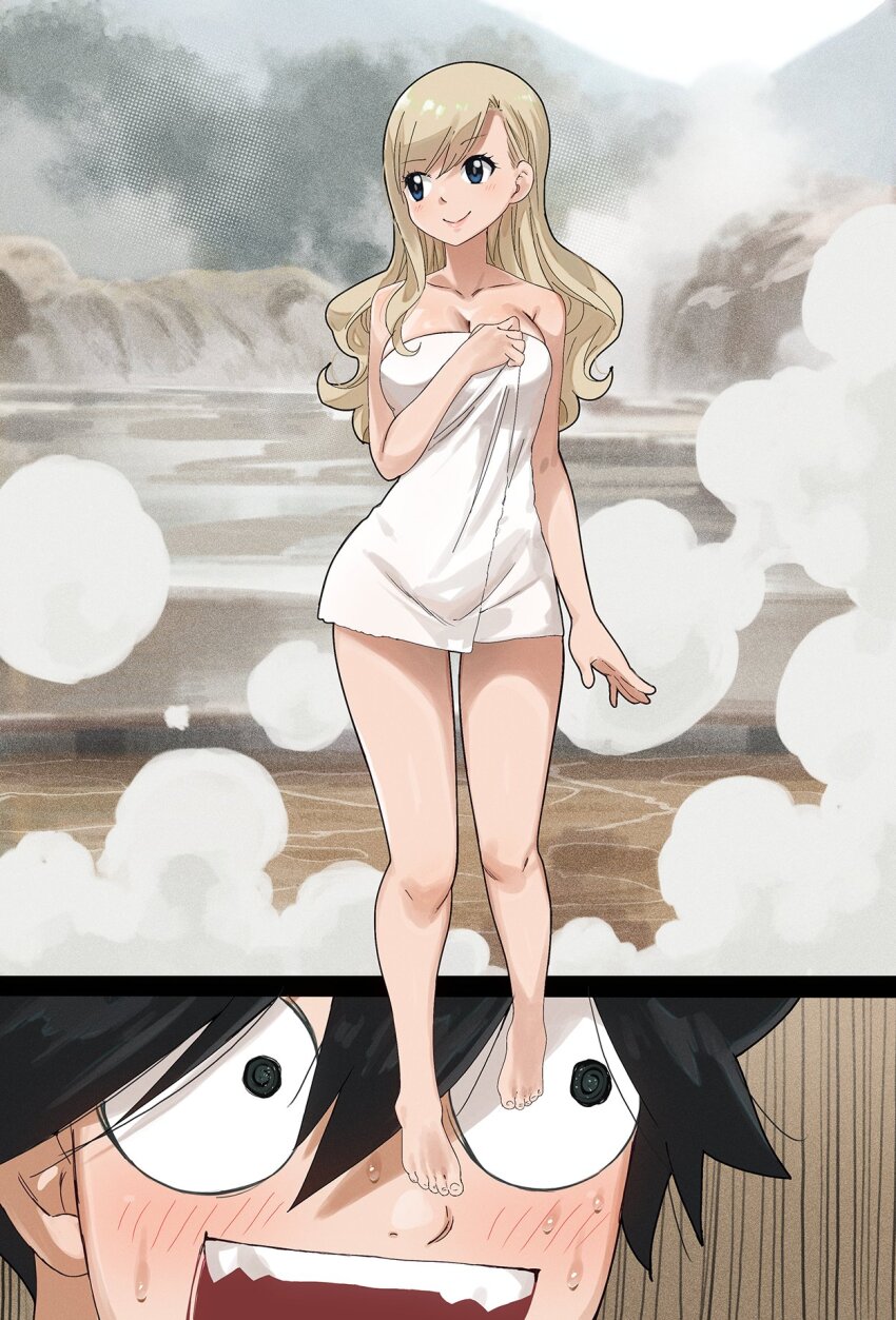1boy, 1girl, bare_shoulders, black_hair, blonde_hair, blue_eyes, breasts, cleavage, collarbone, colorized, eden's_zero, gaston18, highres, large_breasts, long_hair, mashima_hiro, open_mouth, rebecca_bluegarden, shiki_granbell, smile, towel