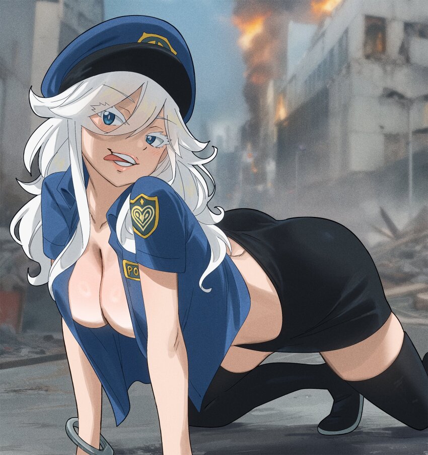 1girl, ass, bent_over, blue_eyes, breasts, cleavage, colorized, eden's_zero
