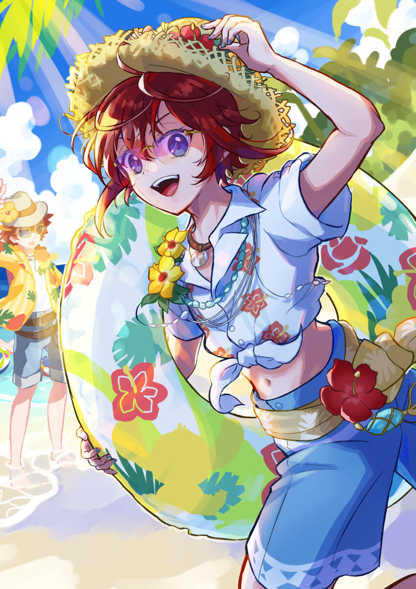 2boys, ace_trappola, ace_trappola_(tropical_wear), beach, belt, blue_shorts, eyelashes, flower, hat, hawaiian_shirt, hibiscus, highres, holding, holding_swim_ring, innertube, jewelry, kanon_(ta_sakurairo), male_focus, multiple_boys, navel, necklace, outdoors, red_hair, riddle_rosehearts, riddle_rosehearts_(tropical_wear), shirt, short_hair, shorts, straw_hat, summer, sunglasses, sunlight, swim_ring, tied_shirt, tinted_eyewear, twisted_wonderland, wading, white_shirt