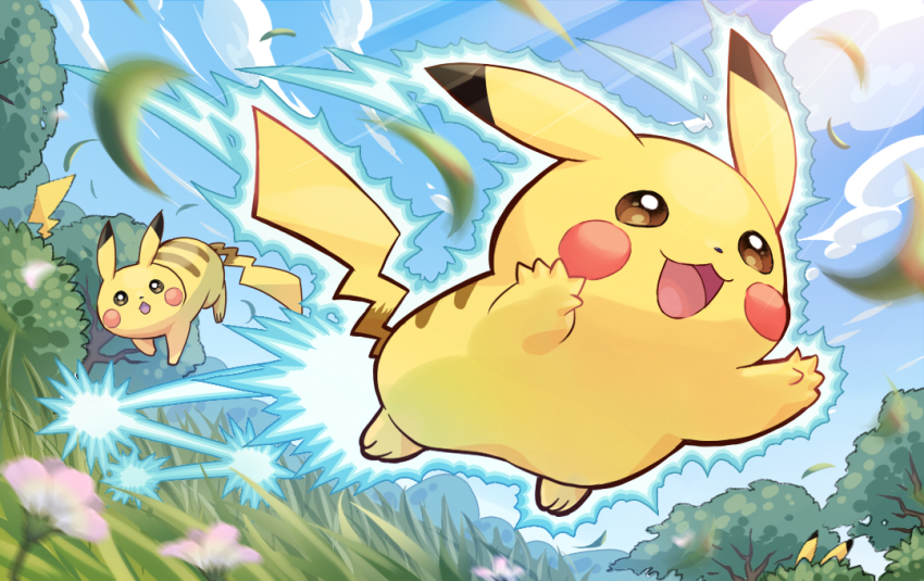 animal_focus, blue_sky, bright_pupils, brown_eyes, bush, cloud, flower, forest, gen_1_pokemon, nature, nintendo, no_humans, open_mouth, outdoors, pikachu, pokemon, pokemon_(creature), poshii_(posy), sky, tree, volt_tackle_(pokemon), white_flower, white_pupils