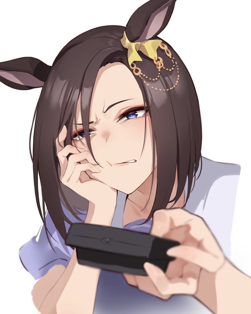 1girl, absurdres, air_groove_(umamusume), animal_ears, clenched_teeth, commentary_request, controller, ear_ornament