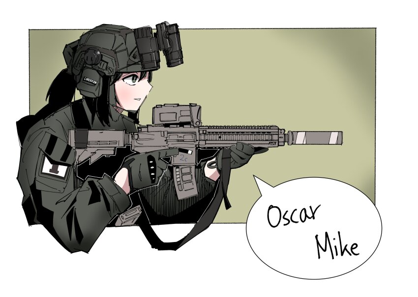 1girl, absurdres, black_hair, brown_background, commentary, from_side, gloves, grey_eyes