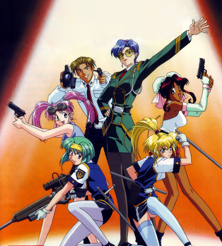 1990s_(style), 1boy, 5girls, baton_(weapon), belt, blonde_hair, blue_eyes, blue_hair
