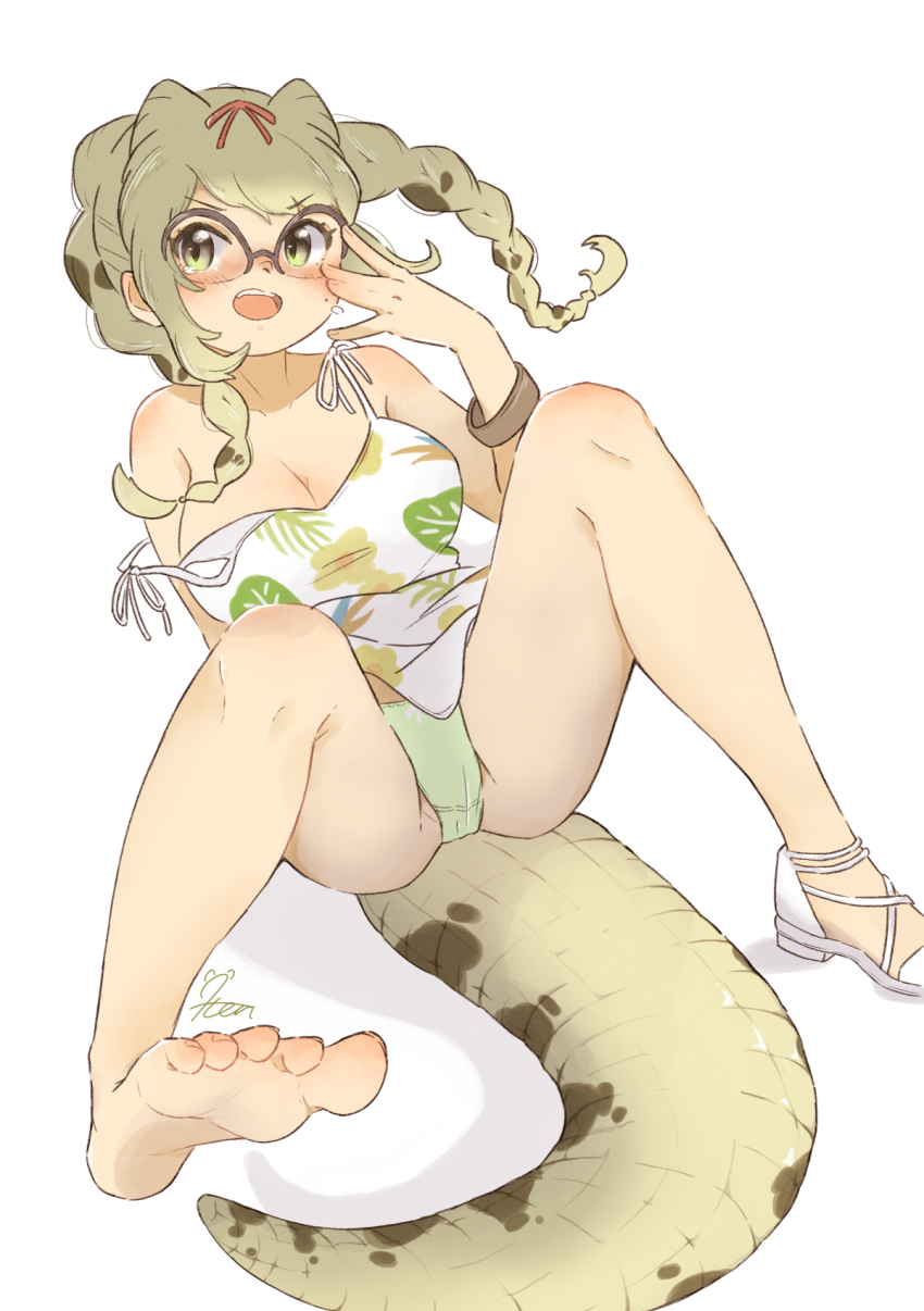 0nanaten, 1girl, arm_behind_back, bare_arms, bare_legs, bare_shoulders, barefoot, blush