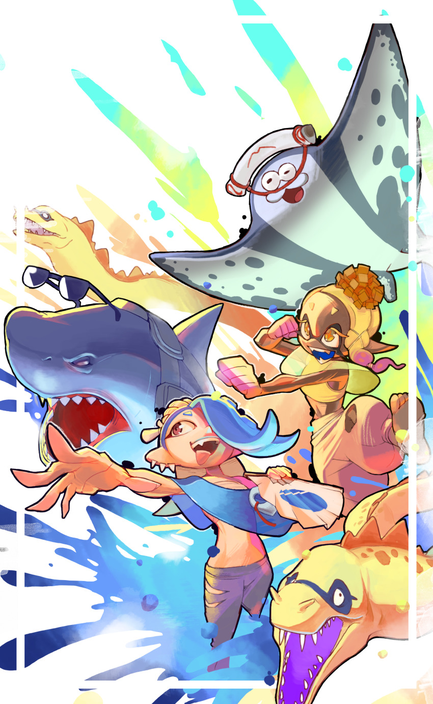 2girls, absurdres, barefoot, big_man_(splatoon), blue_hair, brown_eyes, clenched_hands, dark-skinned_female