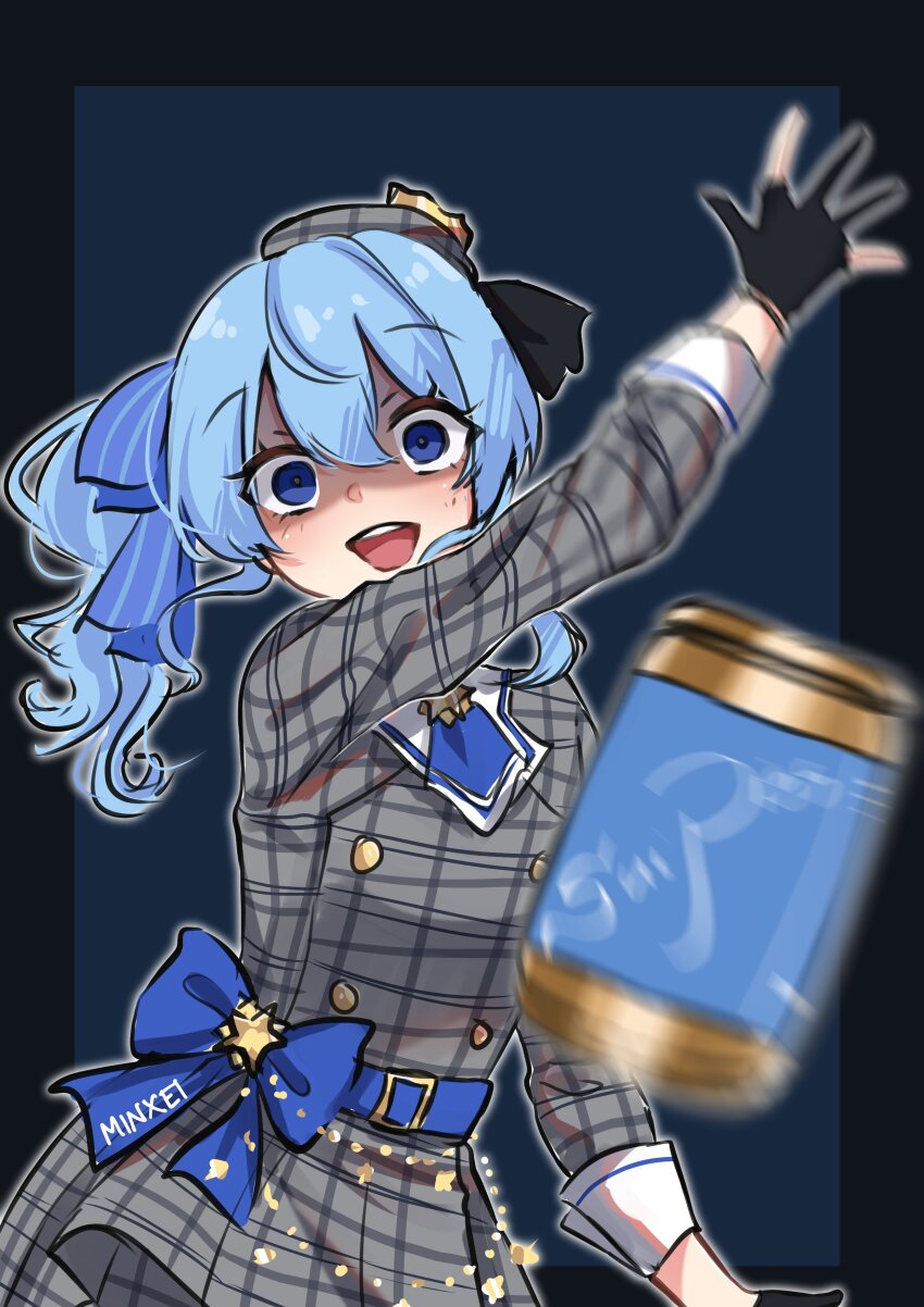 1girl, absurdres, anime_girl_throwing_things_(meme), arm_up, artist_name, ascot, beret, black_border, black_gloves, blue_ascot, blue_background, blue_eyes, blue_hair, blue_ribbon, border, buttons, can, commentary, cowboy_shot, crown, double-breasted, double-parted_bangs, english_commentary, gloves, grey_hat, grey_jacket, grey_skirt, hair_between_eyes, hair_ribbon, hat, highres, hololive, hoshimachi_suisei, hoshimachi_suisei_(1st_costume), jacket, long_sleeves, looking_at_viewer, medium_hair, meme, minxei, motion_blur, open_mouth, outside_border, partially_fingerless_gloves, plaid_clothes, plaid_hat, plaid_jacket, plaid_skirt, ribbon, shaded_face, side_ponytail, sidelocks, simple_background, skirt, skirt_set, sleeve_cuffs, smile, solo, standing, throwing, virtual_youtuber, zalgo_commentary