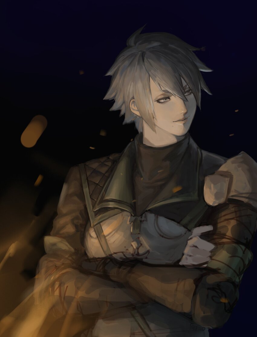 1girl, armor, brown_jacket, commentary_request, covered_collarbone, crossed_arms, embers, final_fantasy, final_fantasy_xiv, grey_eyes, grey_hair, highres, jacket, korean_commentary, looking_to_the_side, misija_votyasch, night, outdoors, pauldrons, roegadyn, sabbat_0, short_hair, shoulder_armor, single_pauldron, smile, solo, turtleneck, upper_body