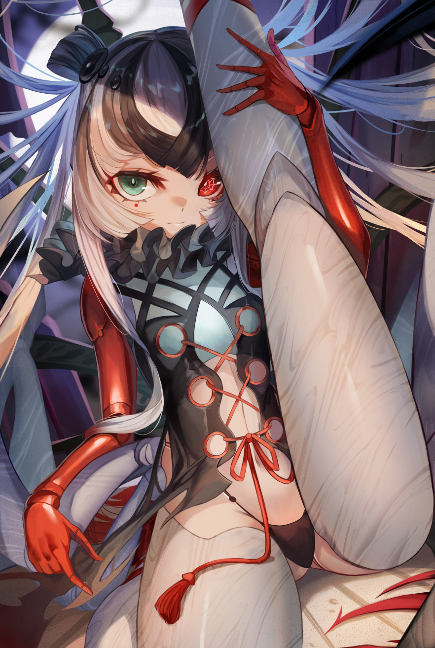 1girl, arthropod_girl, black_hair, black_panties, blue_eyes, breasts, bright_pupils, cross-laced_clothes, cross-laced_top, doll_joints, fate/grand_order, fate_(series), flexible, full_moon, grey_hair, hair_bun, hair_ornament, heterochromia, highleg, highleg_panties, highres, insect_girl, joints, kashin_koji_(fate), kashin_koji_(third_ascension)_(fate), leg_grab, leg_lift, leg_up, long_hair, looking_at_viewer, m0_chi, moon, multicolored_hair, navel, neck_ruff, panties, red_eyes, robot_girl, sidelocks, silk, sitting, small_breasts, solo, spider_girl, spider_web, split, stomach, symbol-shaped_pupils, underwear, very_long_hair, white_hair