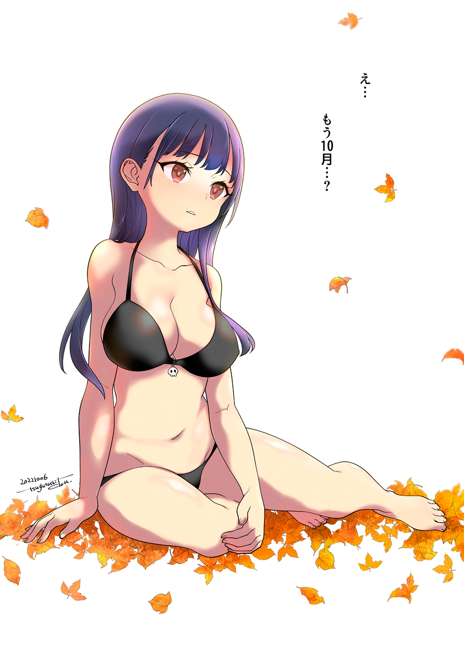 1girl, arm_support, autumn_leaves, bare_shoulders, barefoot, bikini, black_bikini, blue_hair