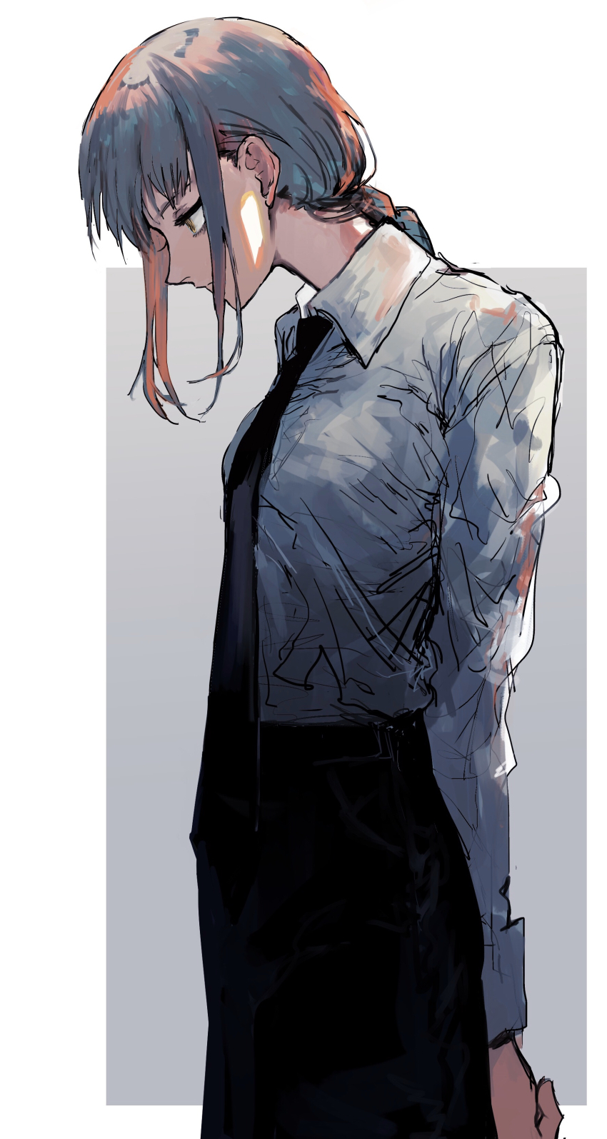 1girl, absurdres, arms_behind_back, black_necktie, black_pants, brown_eyes, brown_hair, business_suit