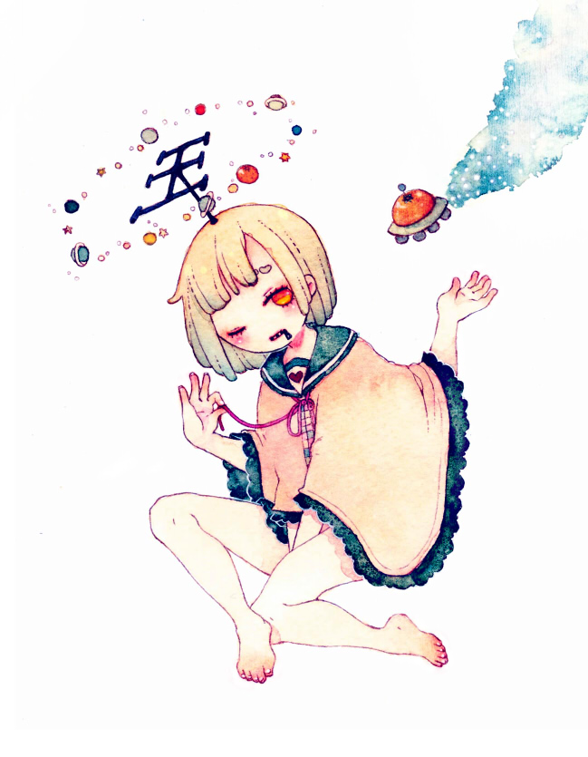 1girl, arms_between_legs, barefoot, black_sailor_collar, brown_poncho, extra_arms, floating_headgear, food