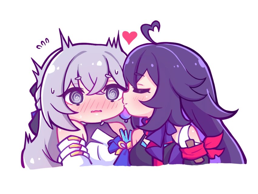 2girls, @_@, ahoge, aya_chan1221, blush, bronya_rand, closed_eyes, commentary