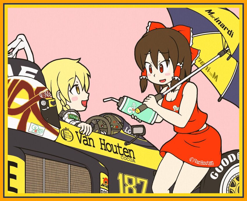 2girls, 7up, blonde_hair, blush, border, bow, braid, breasts, brown_hair, car, cleavage, cookie_(touhou), feet_out_of_frame, formula_one, frilled_bow, frilled_hair_tubes, frills, goodyear, grey_umbrella, hair_bow, hair_tubes, hakurei_reimu, helmet, highres, holding, holding_umbrella, kirisame_marisa, long_hair, looking_at_another, medium_breasts, medium_hair, mgrm_ysnr, motor_vehicle, motorcycle_helmet, multiple_girls, open_mouth, orange_border, pink_background, race_queen, red_bow, red_eyes, red_skirt, red_tank_top, reu_(cookie), side_braid, simple_background, single_braid, sitting, skirt, smile, standing, tank_top, touhou, umbrella, uzuki_(cookie), van_houten, yellow_umbrella
