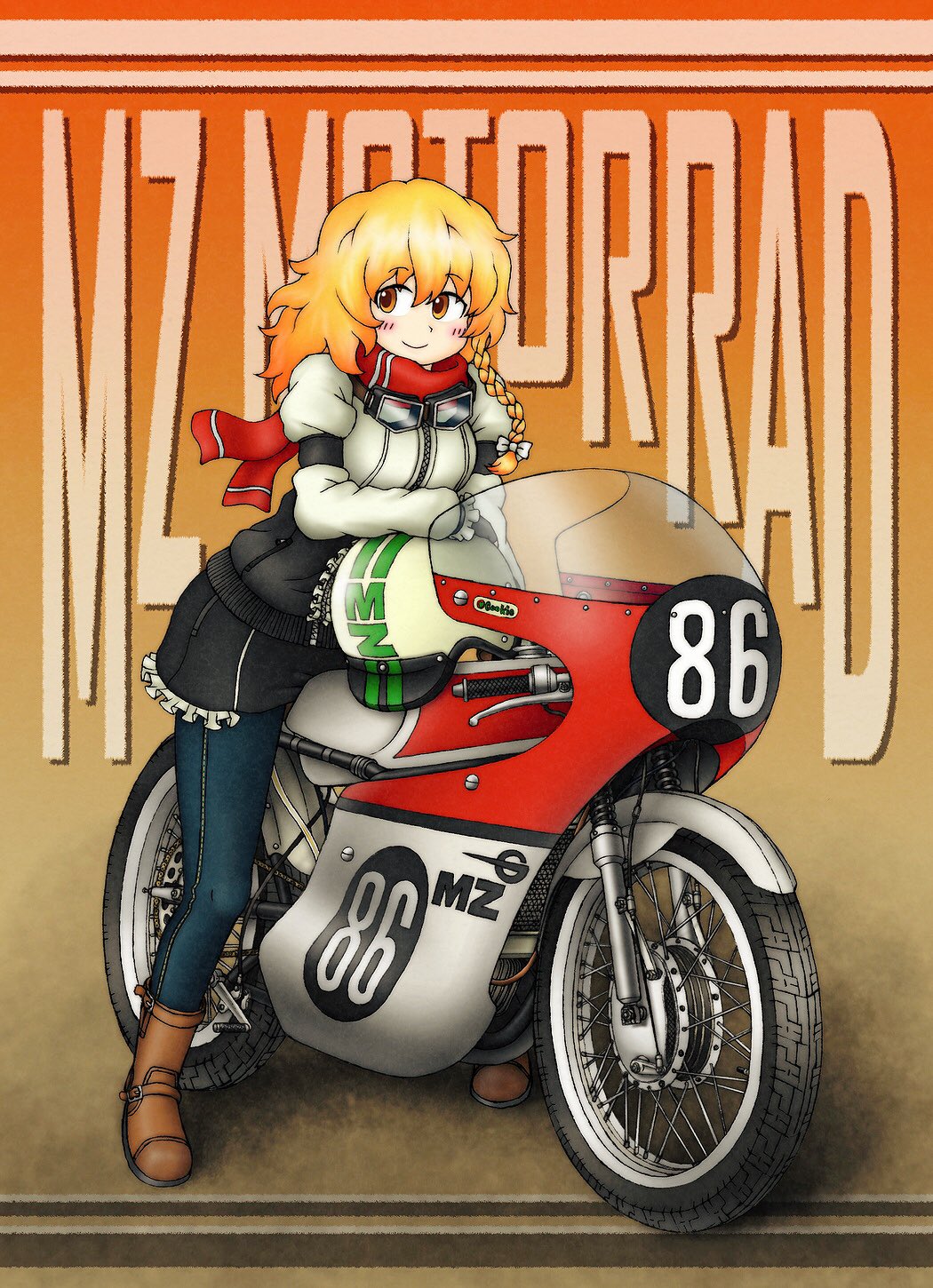 1girl, black_gloves, black_skirt, blonde_hair, blue_pants, blush, boots, bow