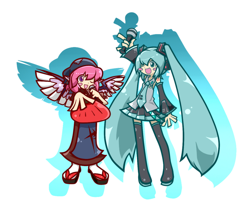 2girls, adenine_(artist), crossover, hand_fan, hatsune_miku, japanese_clothes, long_hair, madou_monogatari, microphone, multiple_girls, mystia_lorelei, okamisty, paper_fan, parody, puyopuyo, puyopuyo_fever, style_parody, thighhighs, touhou, twintails, uchiwa, very_long_hair, vocaloid