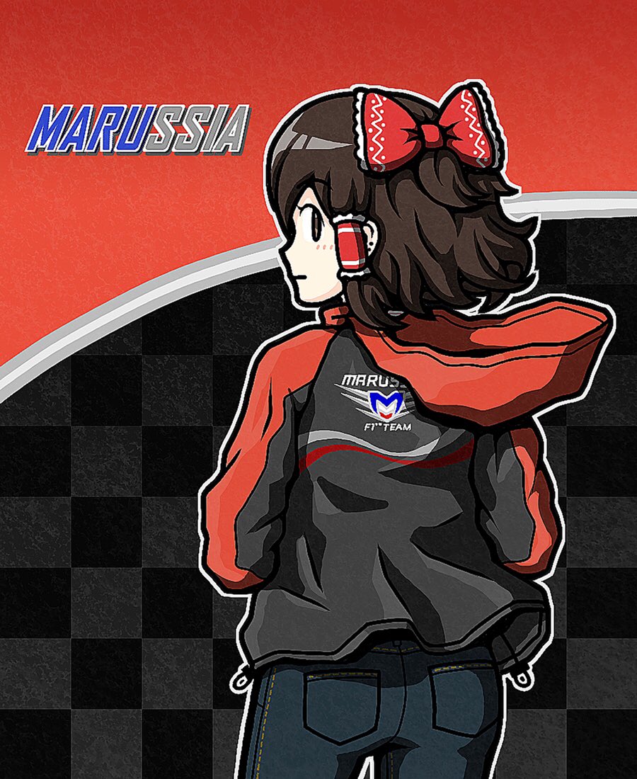 1girl, black_hoodie, bow, brown_eyes, brown_hair, checkered_background, closed_mouth, cookie_(touhou), cowboy_shot, expressionless, formula_one, frilled_hair_tubes, frills, from_behind, grey_pants, hair_bow, hair_tubes, hakurei_reimu, hood, hood_down, hoodie, looking_at_viewer, looking_back, maru_(cookie), marussia, mgrm_ysnr, outline, pants, pun, raglan_sleeves, red_bow, red_hoodie, short_hair, sidelocks, solo, touhou, two-tone_hoodie, white_outline