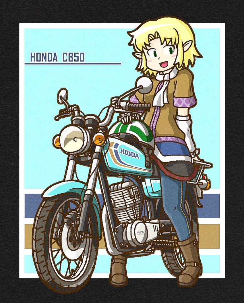 1girl, :d, arm_warmers, black_shirt, blonde_hair, blue_pants, blush, boots