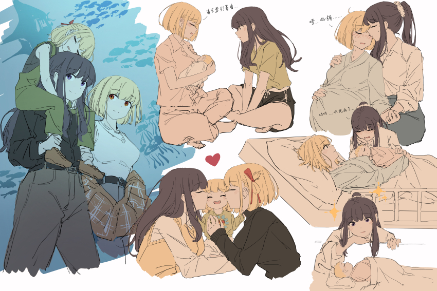 3girls, :d, ^_^, absurdres, age_progression, aquarium, baby, bed