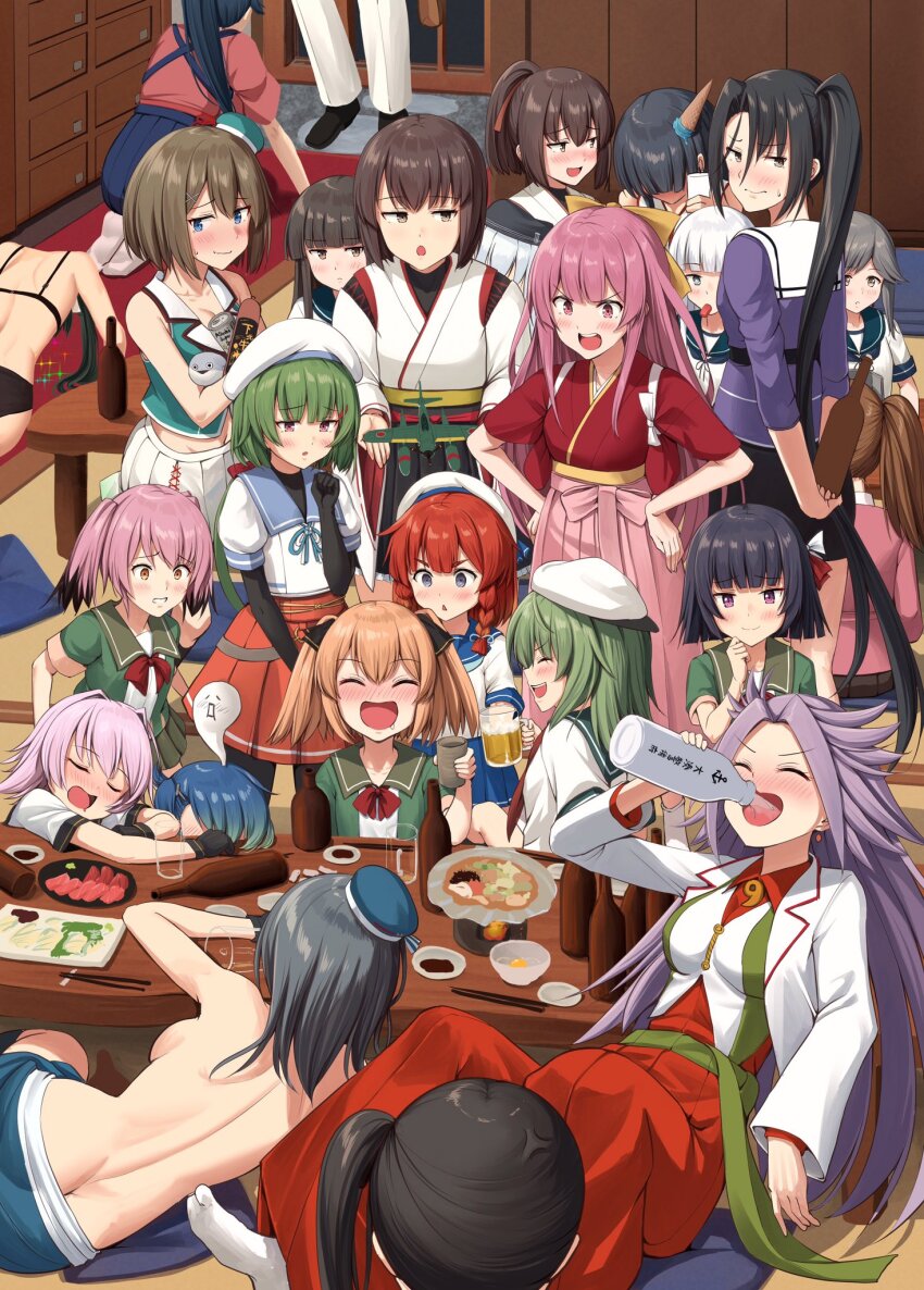 1boy, 6+girls, @_@, aqua_headwear, beer_can, beret, black_hair, blue_eyes