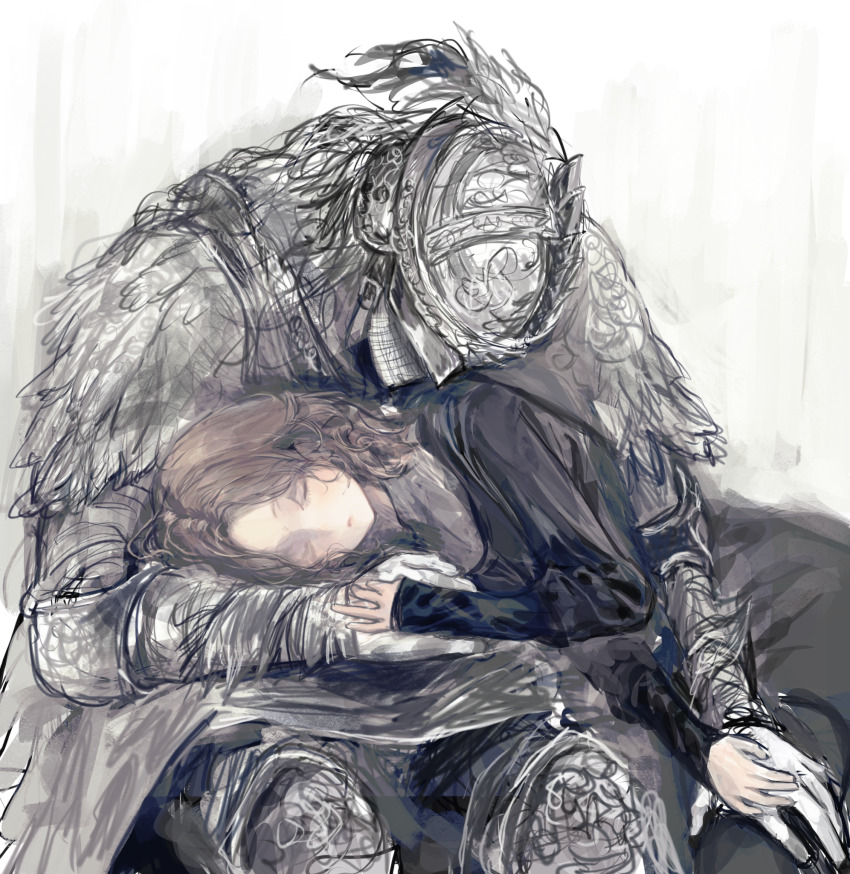 1girl, 1other, ambiguous_gender, armor, black_robe, brown_hair, closed_eyes, covered_face