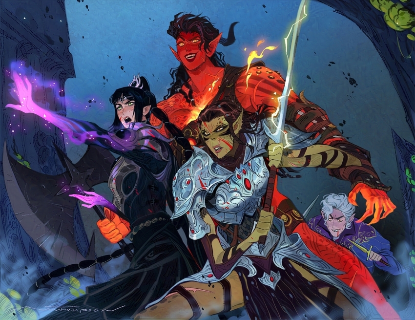 1boy, 3girls, ami_thompson, armor, artist_name, astarion, axe, baldur's_gate