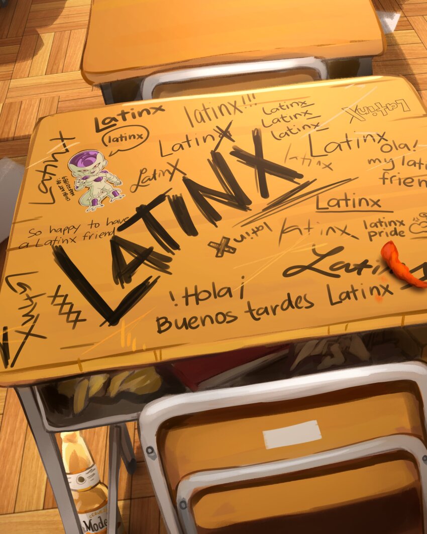 absurdres, alcohol, beer, bottle, cheetos, classroom, desk, dragon_ball