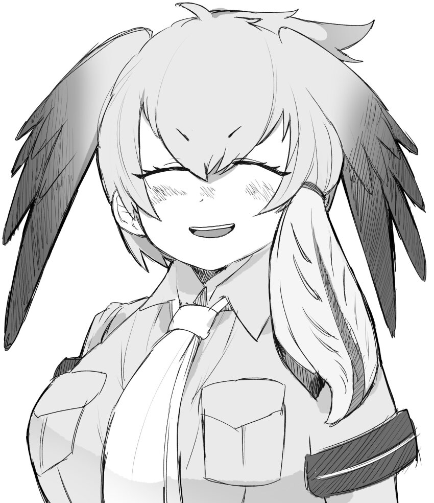1girl, arms_at_sides, bird_wings, blush, breast_pocket, breasts, closed_eyes, collared_shirt