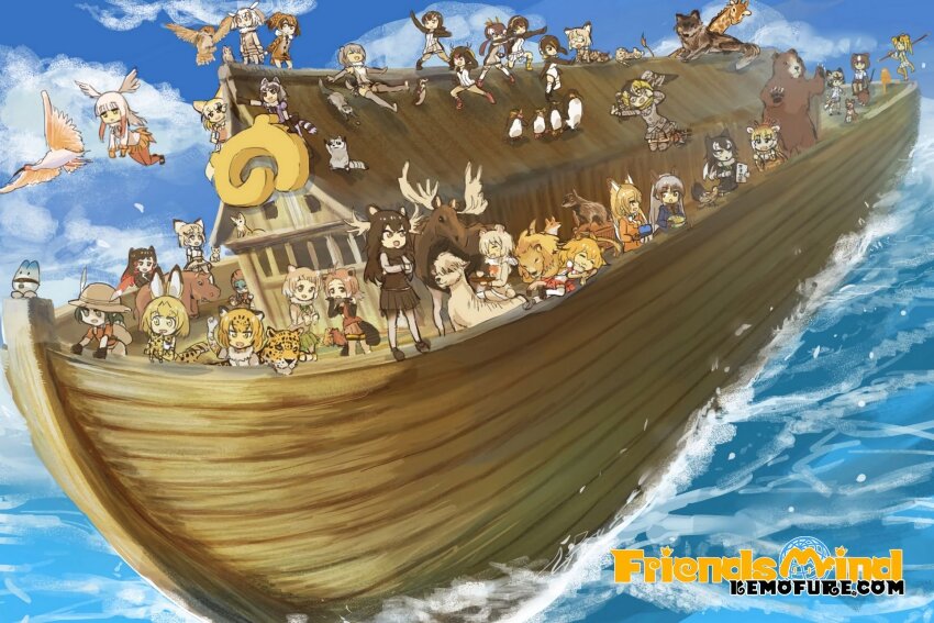 6+girls, =_=, african_wild_dog, african_wild_dog_(kemono_friends), alpaca, alpaca_suri_(kemono_friends), american_beaver_(kemono_friends), animal, animal_ears, arm_up, artist_name, backpack, bag, bear, beaver, bird, black-tailed_prairie_dog_(kemono_friends), black_hair, blonde_hair, blue_sky, bow, bowtie, brown_bear_(kemono_friends), brown_hair, campo_flicker_(kemono_friends), cat, cat_ears, chibi, closed_mouth, coat, common_raccoon_(kemono_friends), creature_and_personification, crested_ibis, crossed_arms, day, emperor_penguin_(kemono_friends), eurasian_eagle_owl_(kemono_friends), everyone, ezo_red_fox_(kemono_friends), fennec_(kemono_friends), fennec_fox, floating, fox, friends-mind, fur_collar, fur_scarf, gentoo_penguin_(kemono_friends), giraffe, gloves, golden_snub-nosed_monkey_(kemono_friends), grey_hair, grey_wolf_(kemono_friends), hat_feather, helmet, highres, hippopotamus, hippopotamus_(kemono_friends), holding, hood, hood_up, humboldt_penguin_(kemono_friends), jacket, jaguar, jaguar_(kemono_friends), jaguar_ears, japanese_crested_ibis_(kemono_friends), japari_symbol, kaban_(kemono_friends), kemono_friends, legs_apart, lion, lion_(kemono_friends), long_hair, long_sleeves, looking_afar, lucky_beast_(kemono_friends), lying, margay, margay_(kemono_friends), medium_hair, monkey, moose, moose_(kemono_friends), multicolored_hair, multiple_girls, noah's_ark, northern_white-faced_owl_(kemono_friends), ocean, on_side, open_mouth, otter, outdoors, owl, paw_stick, peeking_out, penguin, personification, pith_helmet, prairie_dog, print_bow, print_bowtie, print_gloves, print_skirt, raccoon, red_hair, red_shirt, reticulated_giraffe_(kemono_friends), rockhopper_penguin_(kemono_friends), royal_penguin_(kemono_friends), sand_cat_(kemono_friends), scarf, serval, serval_(kemono_friends), ship, shirt, short_sleeves, silver_fox_(kemono_friends), sitting, skirt, sky, sleeping, small-clawed_otter_(kemono_friends), smile, standing, sweater_vest, tail, tsuchinoko, tsuchinoko_(kemono_friends), very_long_hair, water, watercraft, watermark, web_address, wolf