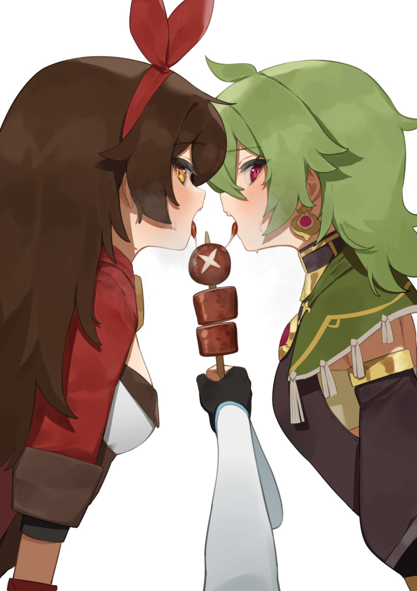 3girls, amber_(genshin_impact), breasts, brown_hair, brown_shirt, capelet, chicken-mushroom_skewer_(genshin_impact), collei_(genshin_impact), commentary_request, crossed_bangs, detached_sleeves, drooling, flasso, food, genshin_impact, green_capelet, green_hair, hair_ribbon, highres, holding, holding_food, jacket, leaning_forward, looking_at_viewer, lumine_(genshin_impact), multiple_girls, open_mouth, partial_commentary, pov, red_eyes, red_jacket, red_ribbon, ribbon, shirt, small_breasts, tongue, tongue_out, upper_body, white_background, white_sleeves, yellow_eyes