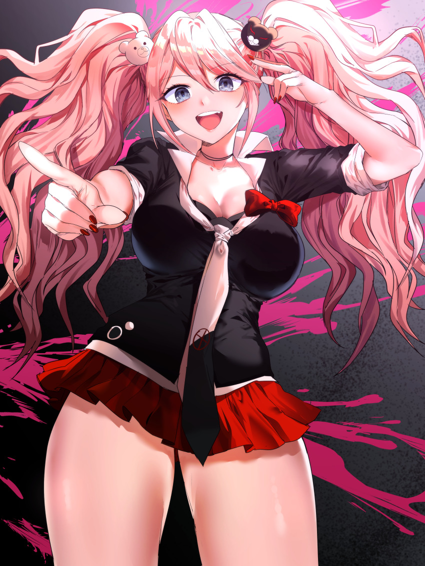 1girl, :d, absurdres, bear_hair_ornament, black_choker, black_necktie, blood, bow, breasts, choker, cleavage, collarbone, danganronpa:_trigger_happy_havoc, danganronpa_(series), enoshima_junko, gradient_background, hair_ornament, highres, large_breasts, long_hair, looking_at_viewer, miniskirt, multicolored_hair, nail_polish, necktie, open_mouth, pink_blood, pink_hair, pleated_skirt, pointing, pointing_at_viewer, purple_eyes, red_bow, red_nails, red_skirt, shiny_skin, skirt, smile, suju0813, teeth, twintails, two-tone_hair, two-tone_necktie, upper_teeth_only, white_necktie