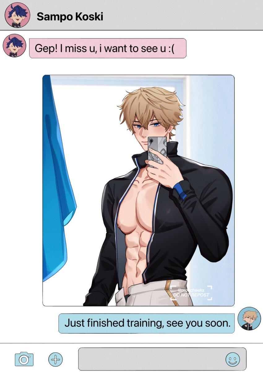 abs, alternate_costume, black_jacket, black_sleeves, blonde_hair, blue_eyes, chibi, chibi_inset