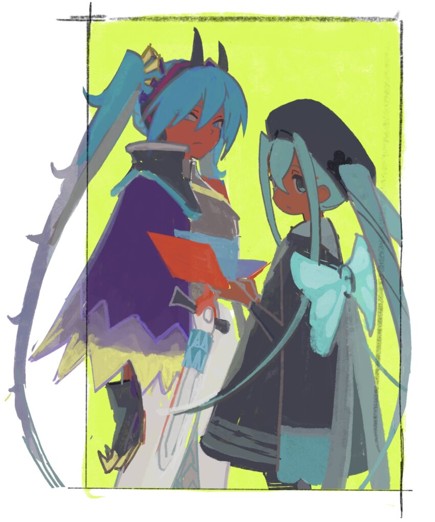 2girls, black_dress, black_gloves, black_headwear, blue_hair, book, border, bug_miku_(project_voltage)